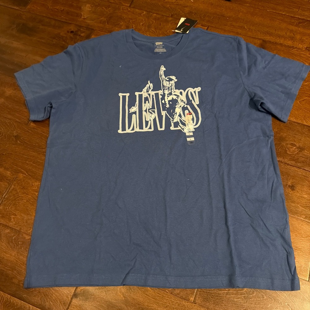 Levis Mens Relaxed Fit Graphic Cowboy T-Shirt Blue Western Bronco Logo Large